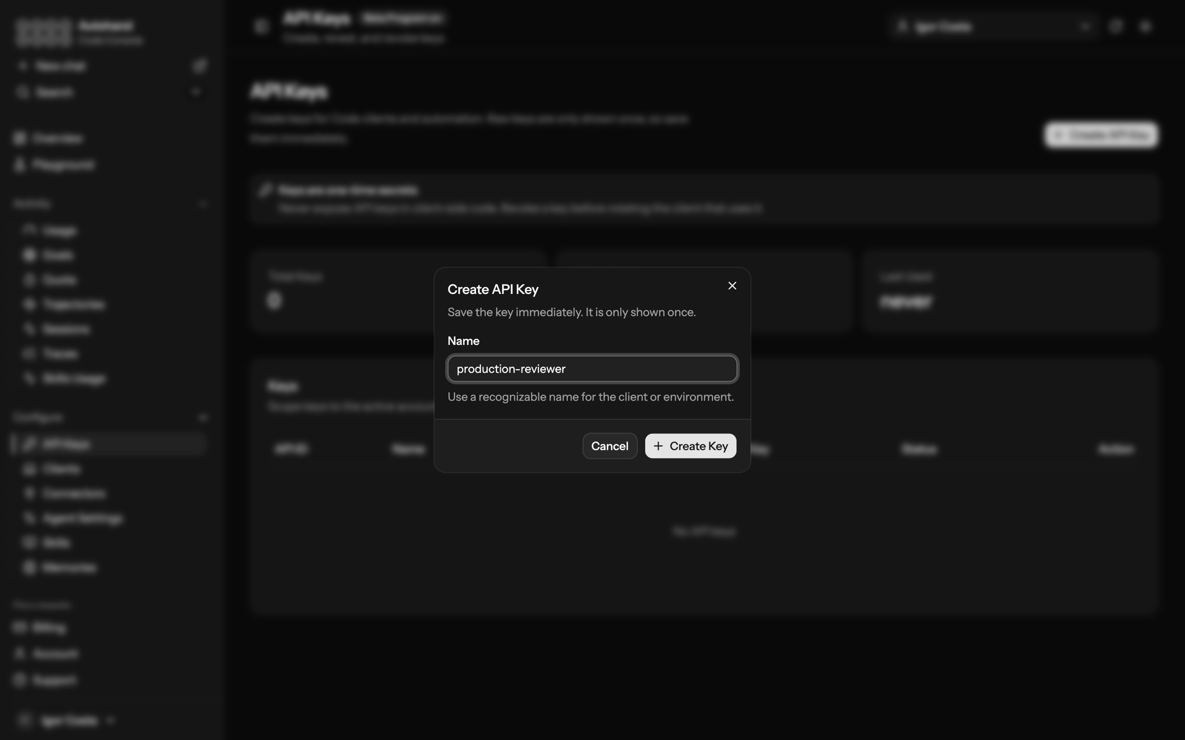 Autohand Console Create API Key dialog with a name field and a note that the key is shown only once