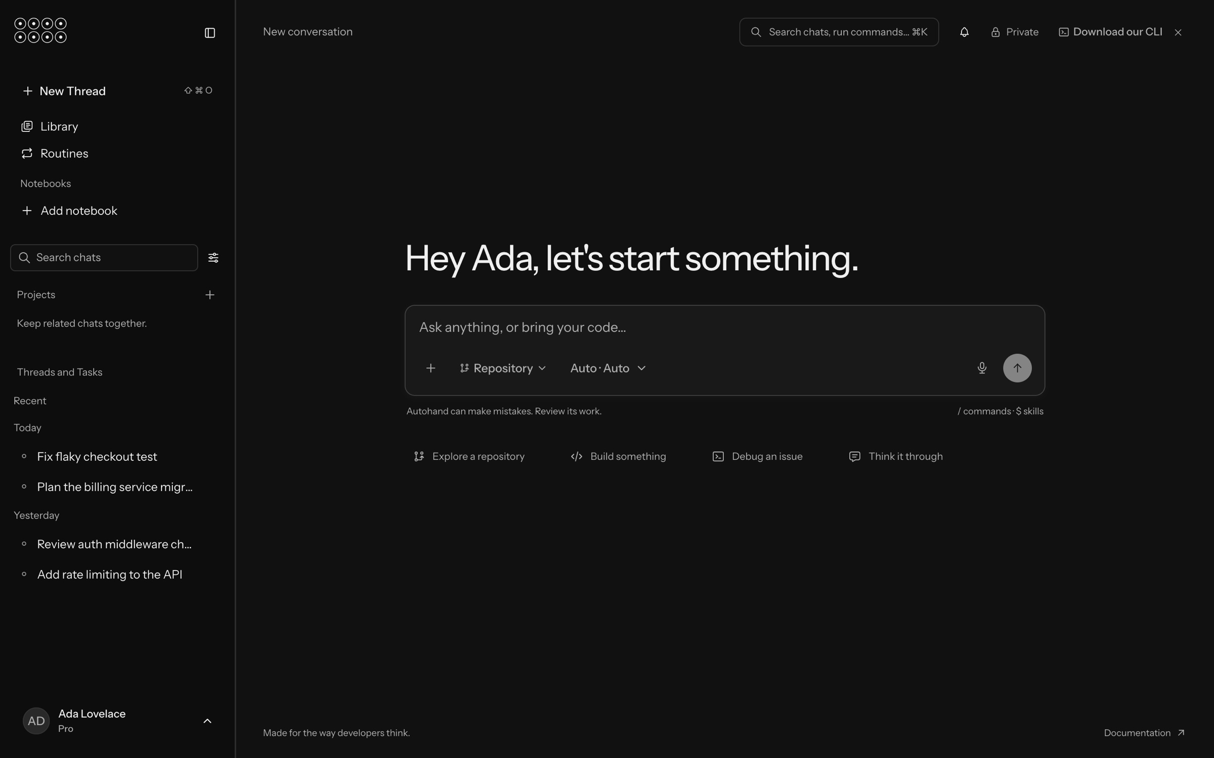 Autohand Dev start screen with the thread sidebar, the composer with repository and model selectors, and starter actions